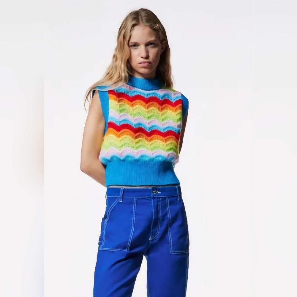 Zara Rainbow Wave Knit Sleeveless Tank with Blue Trim